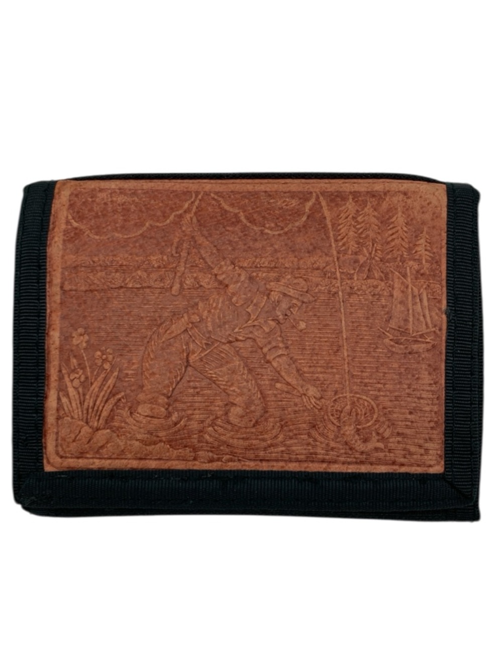 NWOT Vintage John Weitz Tooled Leather Fishing Scene Artwork Wallet